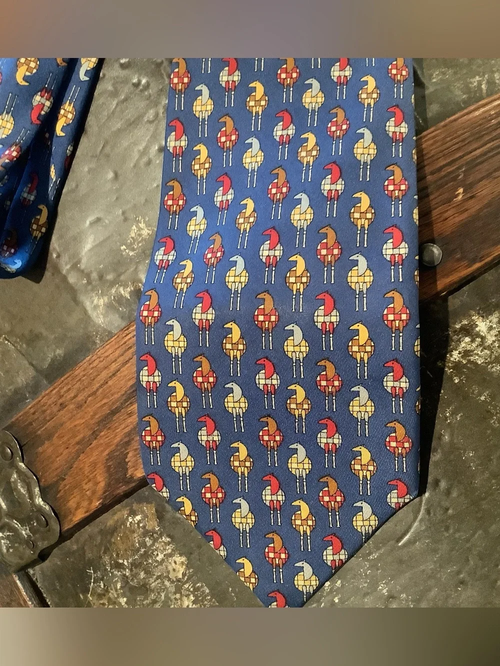 Salvatore Ferragamo Blue Silk Tie with Red and Gold Motif - EUC